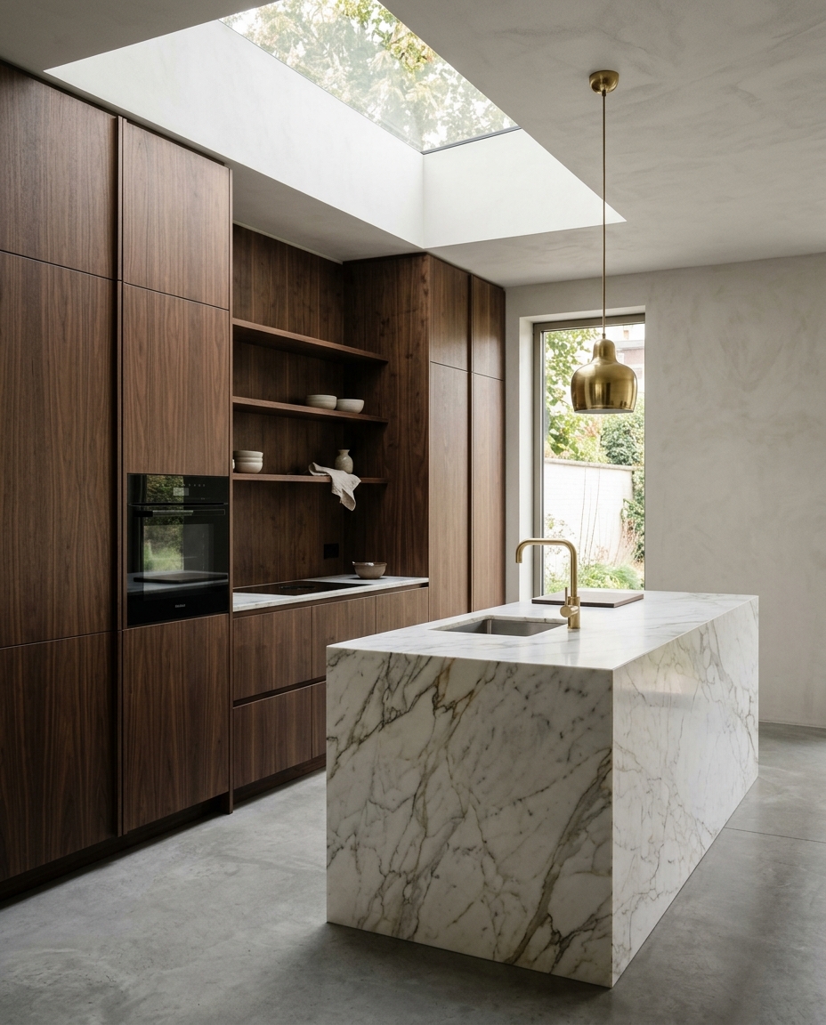 Cuisine minimaliste en noyer et marbre Calacatta, projet Villa Fort Jaco